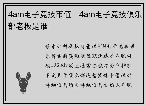 4am电子竞技市值—4am电子竞技俱乐部老板是谁